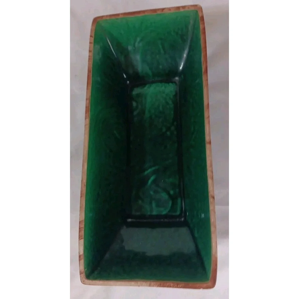 Vtg Romco Rocky Mountain Pottery Planter‎ Faux Wood Grain Green Glaze Int. READ
